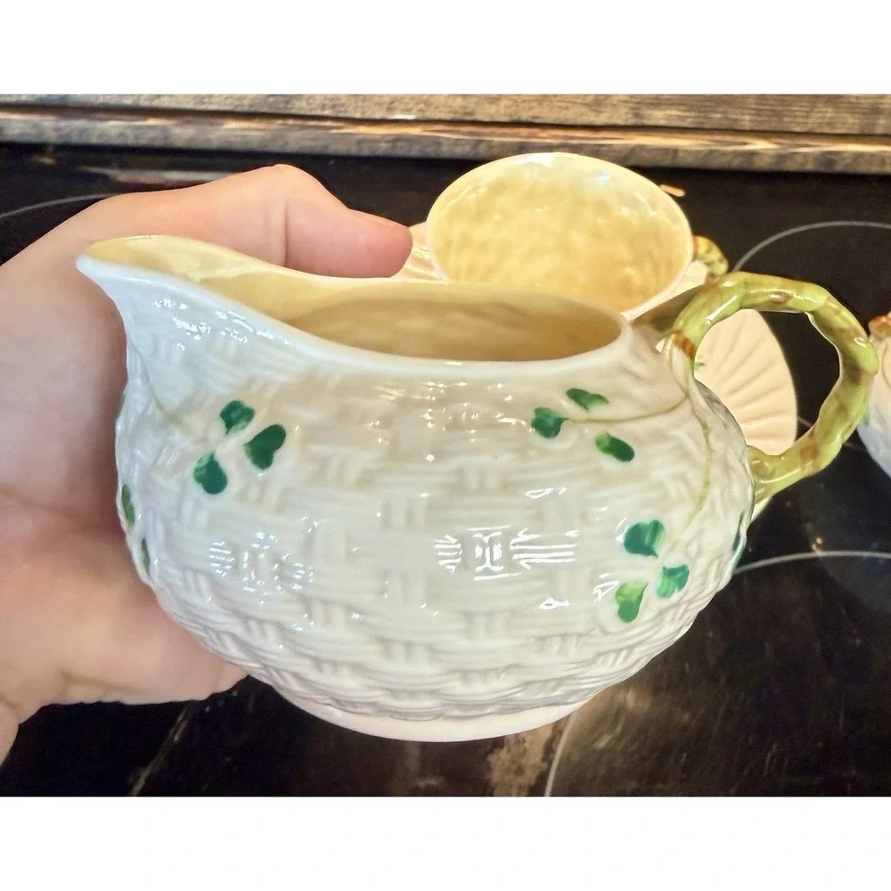 Beleek  Shamrock  Basket  Weave  Open Sugar  Creamer  & Cup AND Saucer Vintage